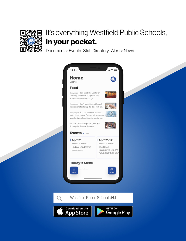 Graphic showing cell phone with Westfield Public Schools mobile app