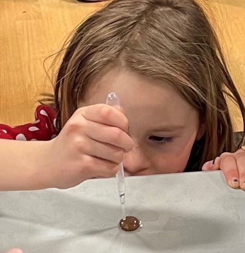 Closeup of child's face doing science experiement
