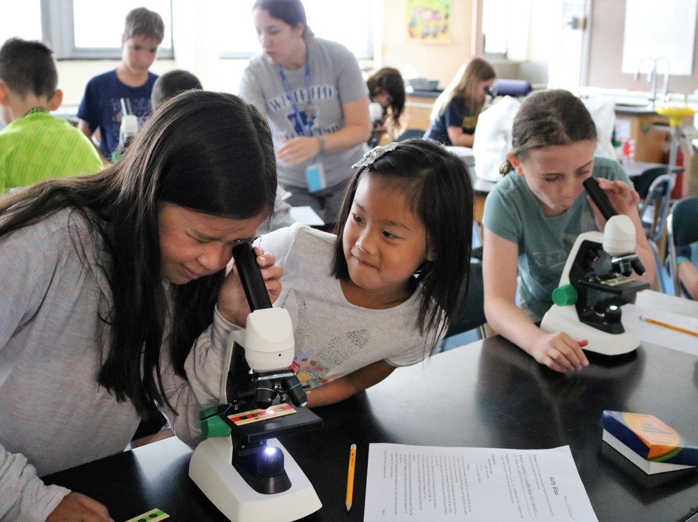 STEM campers enjoy learning the tools and techniques involved in the field of forensic science..  Students looking through microscopes.
