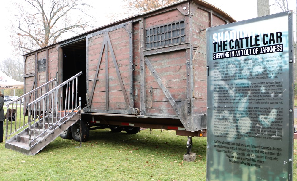 Replica WWII cattle car on WHS front lawn with immersive Holocaust exhibit