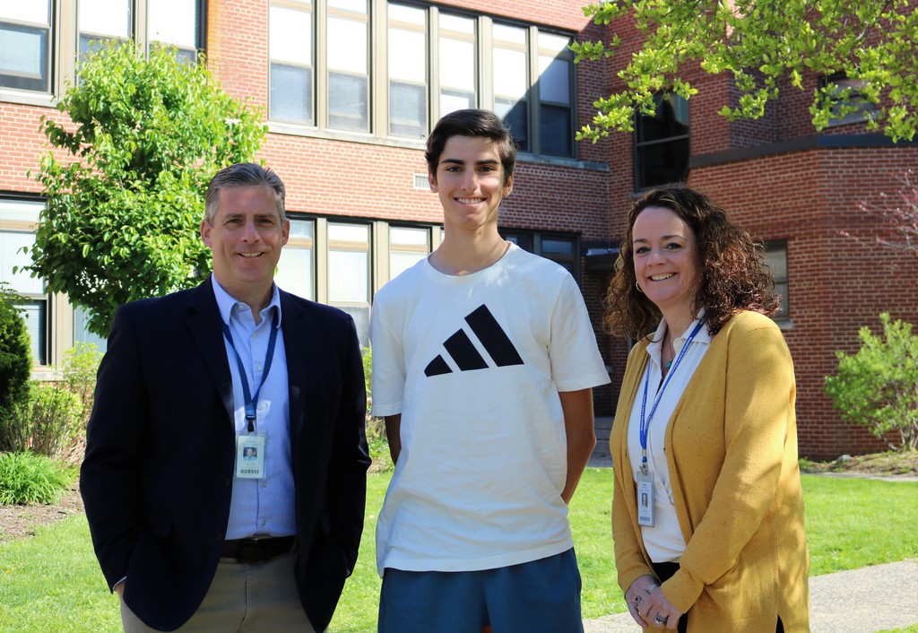Photo of WHS student Mattia Butera, selected to attend the Governor's School of Engineering and Technology. pictured here with principal Mary Asfendis and science supervisor Tom Paterson