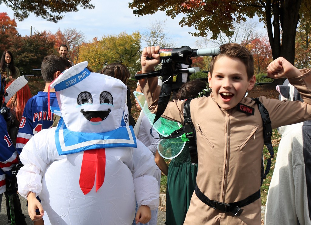 Franklin students dressed  up as Ghostbuster and Marshmallow Man during Halloween Parade