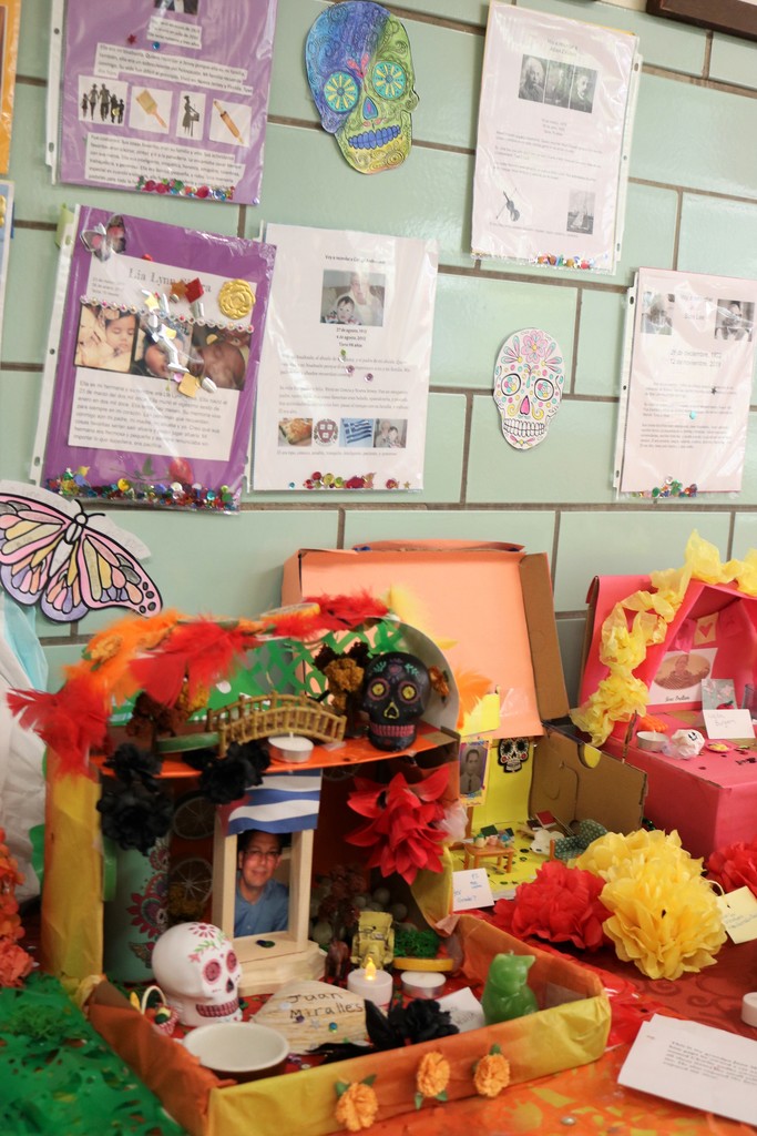 Colorful student-created display at Edison Intermediate School marking Dia de los Muertos, or Day of the Dead