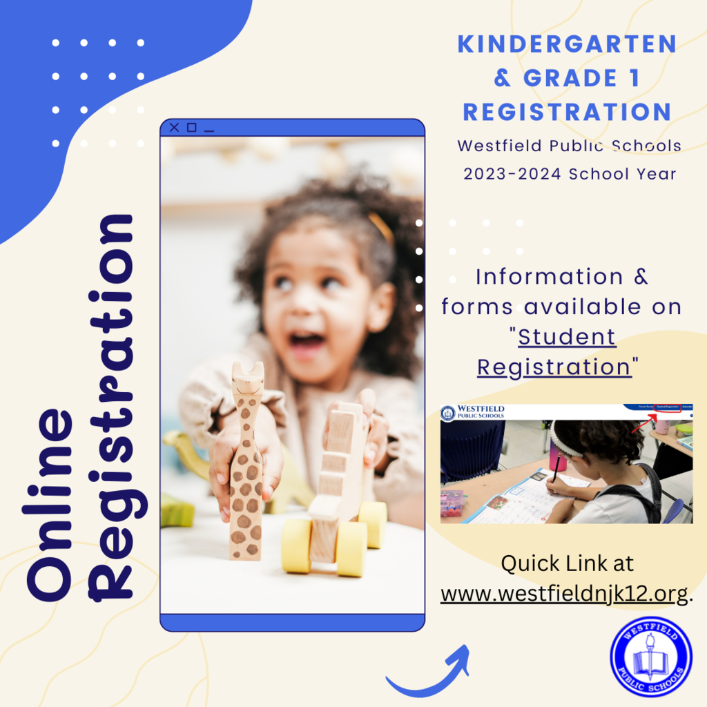 Graphic stating online registration open for Kindergarten and Grade 1  for 2023-2024