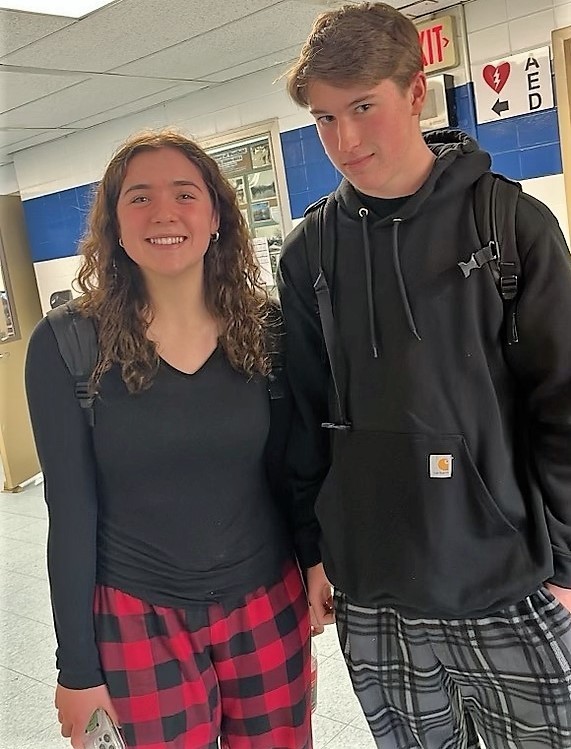 Two students in PJs on spirit day