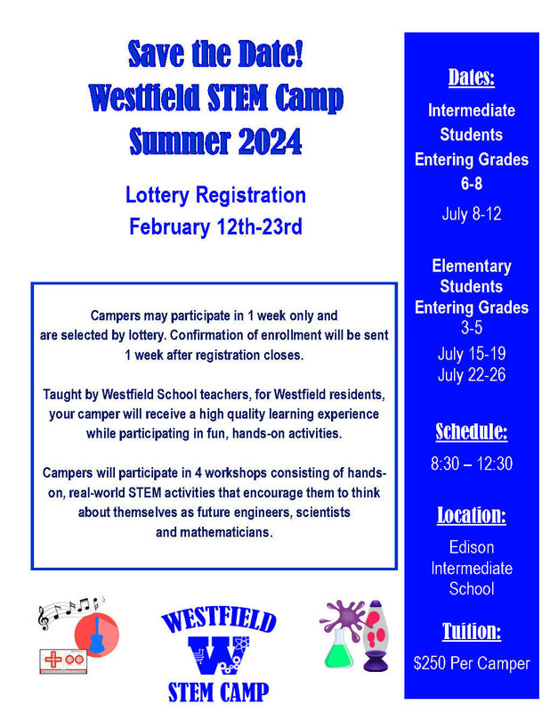 Graphic noting Westfield STEM Camp info