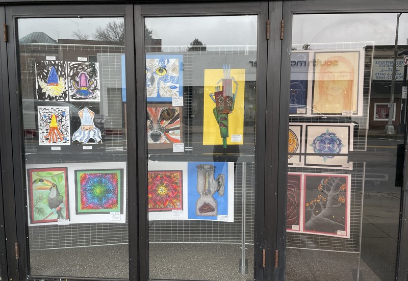 Student work displayed in Rialto windows